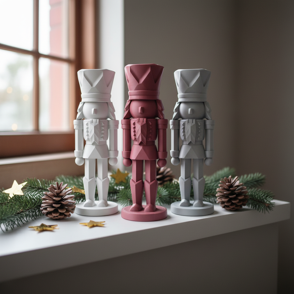 Collection of nutcrackers in rose white and grey on white shelf with pine branches lifestyle