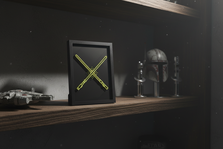 Lightsabers Neon Line Art shadow box on a dark wooden shelf in a moody cinematic gaming room with yellow-green finish
