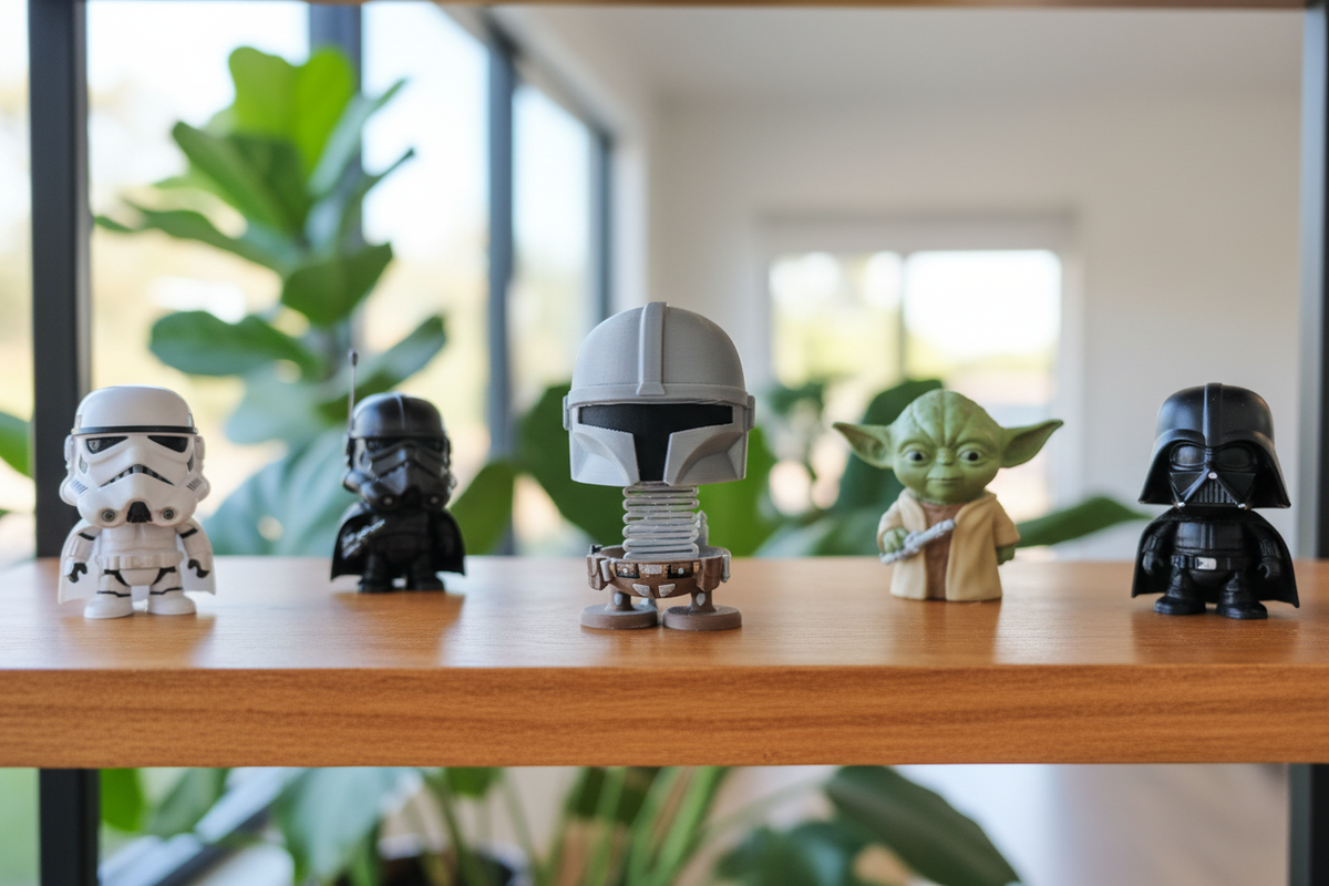 Star Wars The Mandalorian Springie on a bright wooden shelf alongside other Star Wars springie figurines