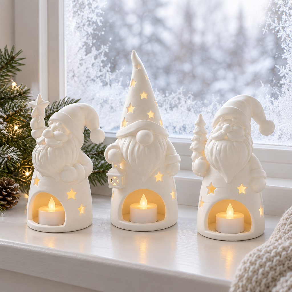 Three Santa and gnome tealight holders on a winter windowsill with a frosted backdrop