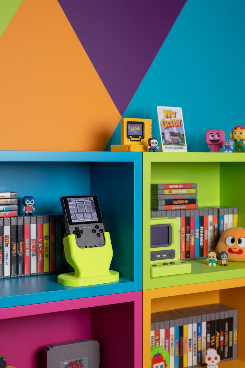Trim UI Smart Retro Console Stand on neon yellow gaming shelf