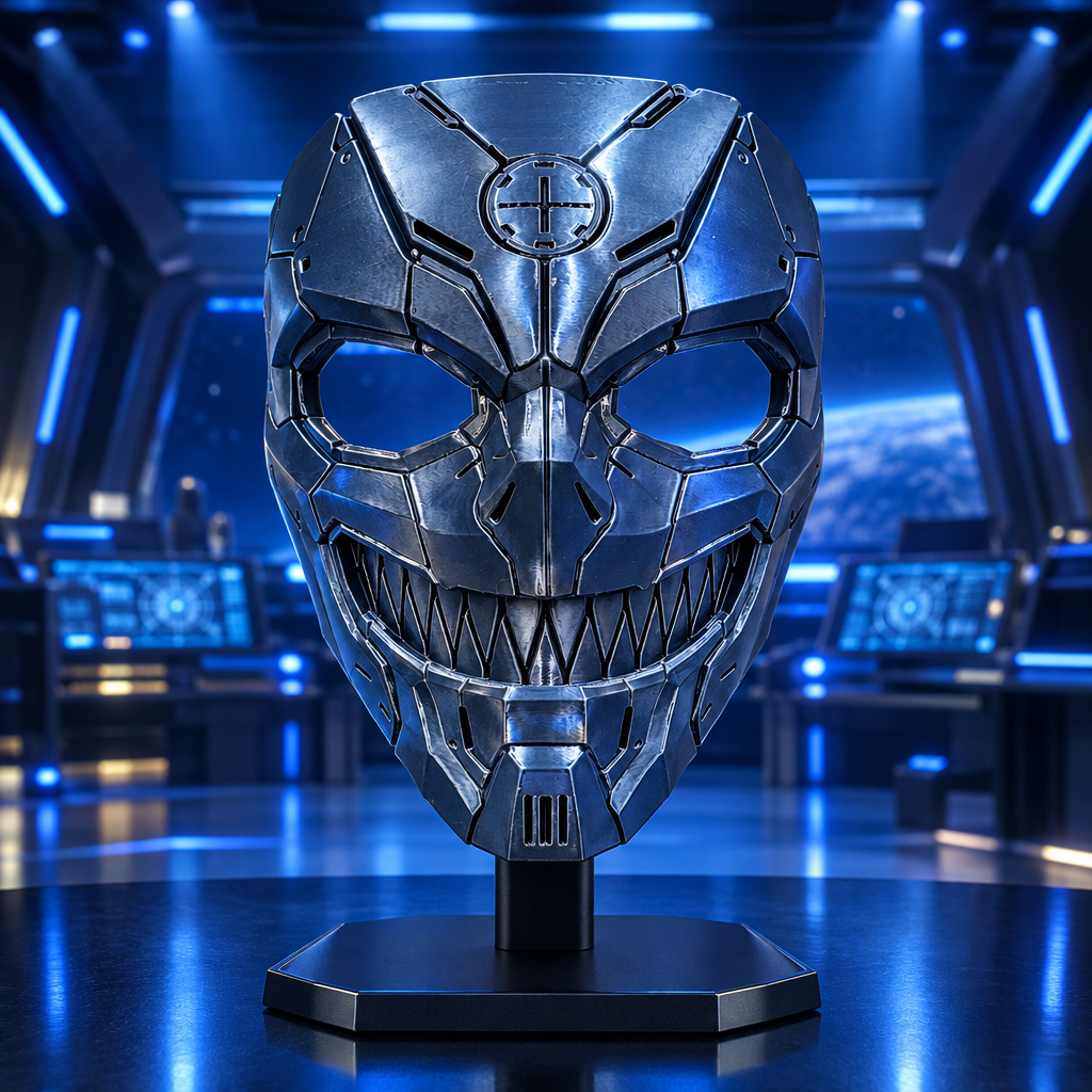Midnight blue Tech Devil mechanical skull mask displayed in a sci-fi command room, without a strap
