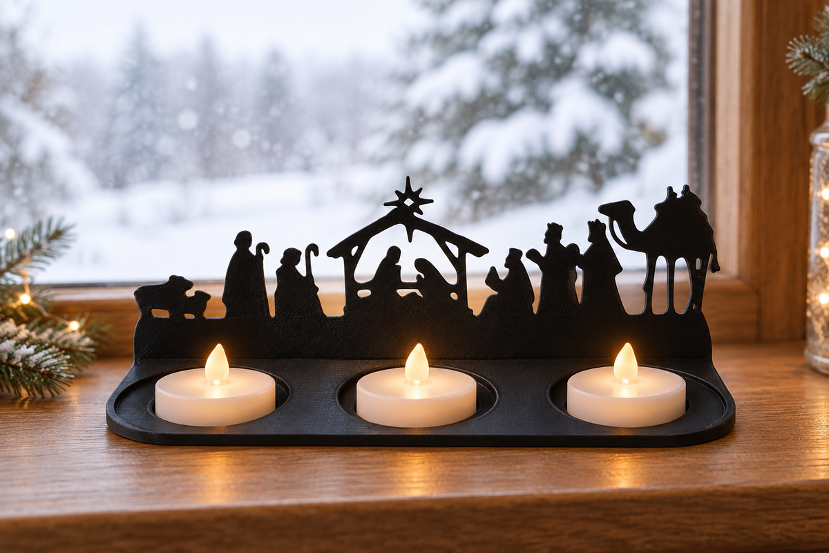 Nativity scene tealight holder on a windowsill with a softly snowy view.