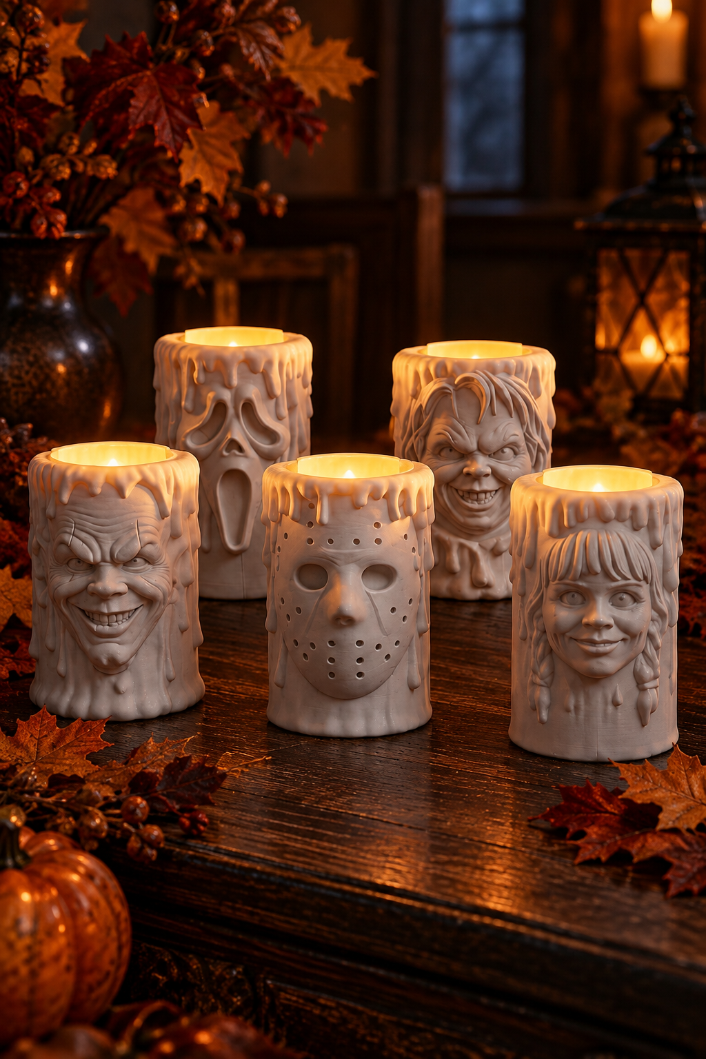 A close group of all five white horror tealight holders showing their distinct sculpted faces
