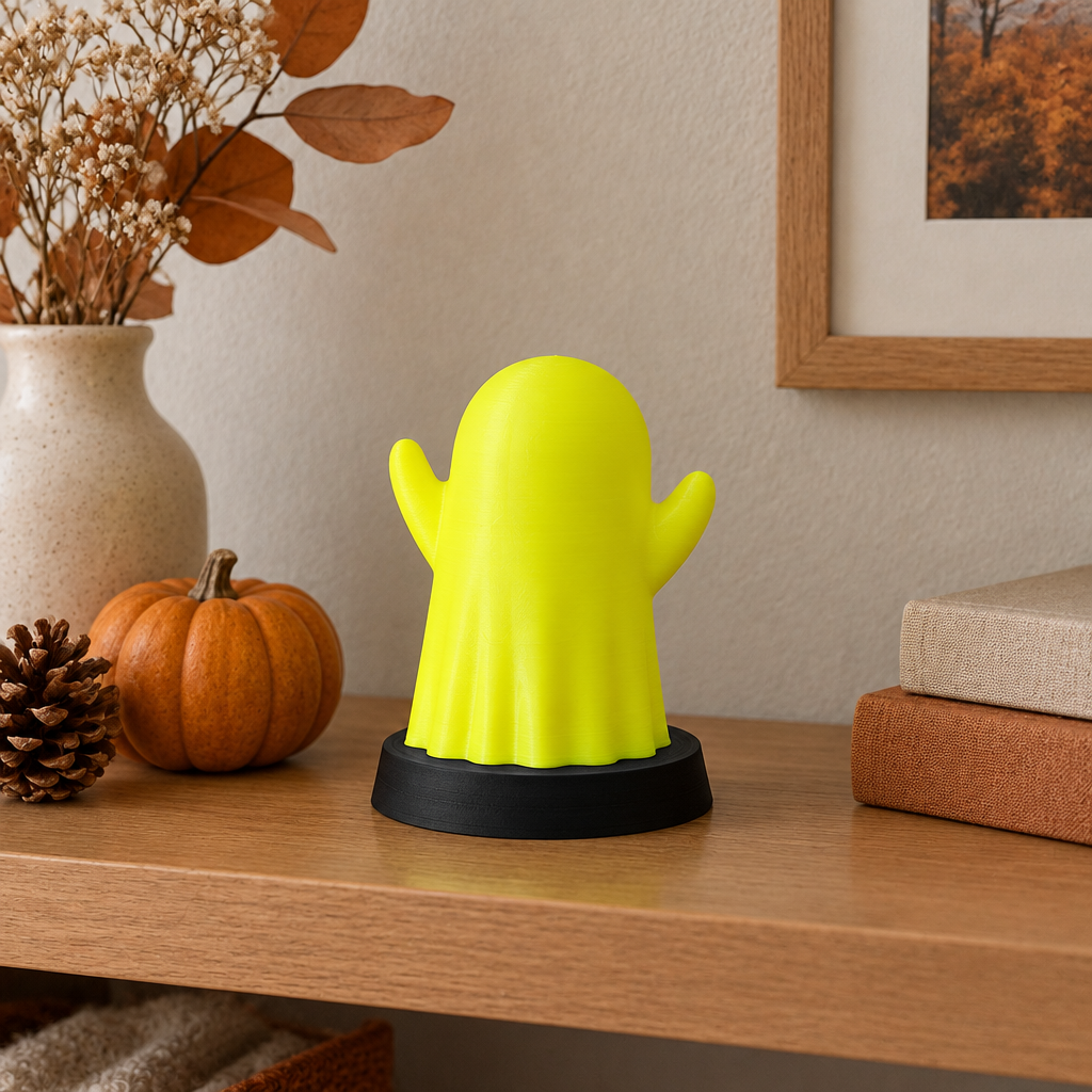 Smooth featureless Neon Yellow Ghost Lamp switched off on a bedroom shelf