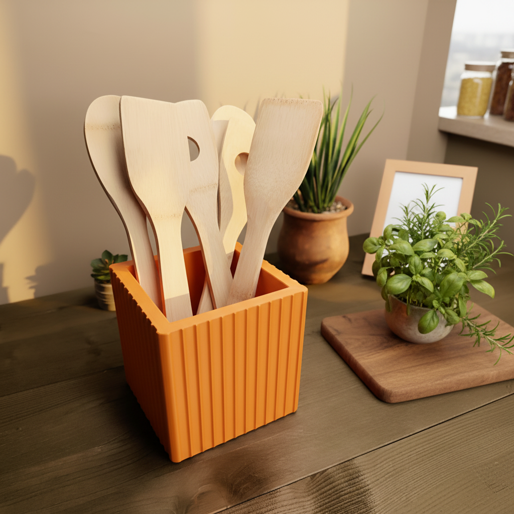 Square Ribbed Utensil Holder - orange colourway filled with wooden spoons on wooden counter with herbs and cutting board