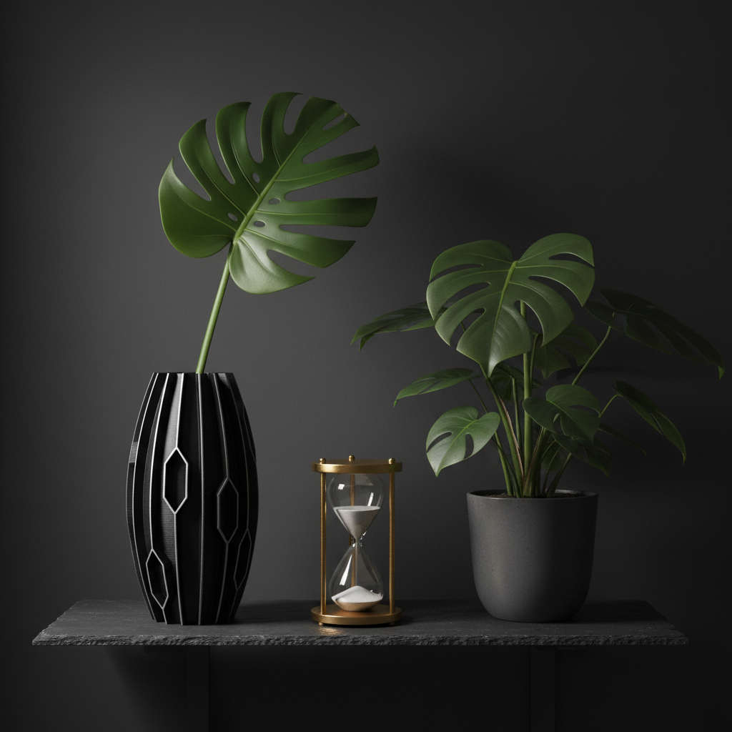 Black diamond rib vase with monstera leaf on dark slate shelf moody contemporary interior lifestyle