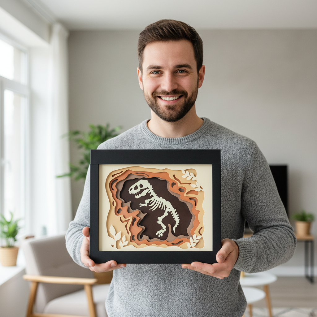 Dinosaur Shadow Box being held up as a gift by a smiling man in bright natural light