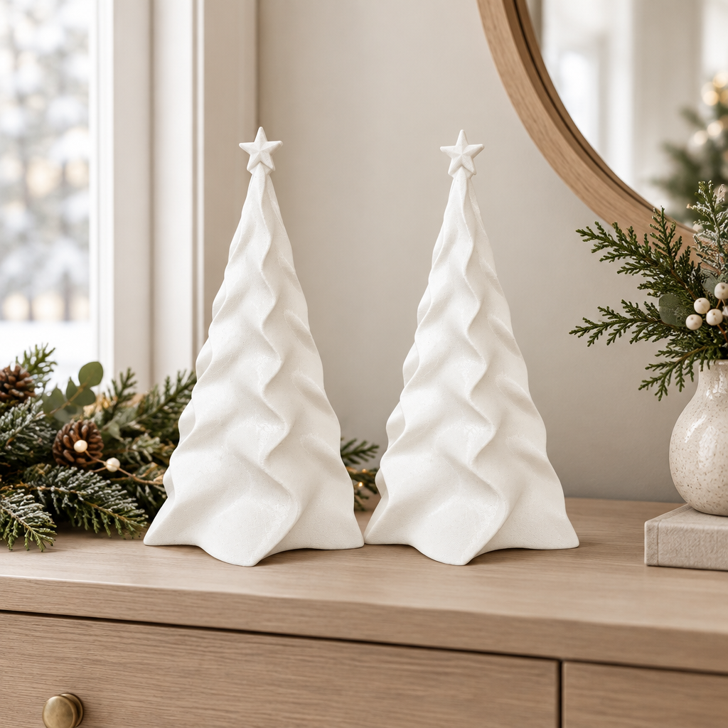 Two matching white folded Christmas trees styled on an entryway console