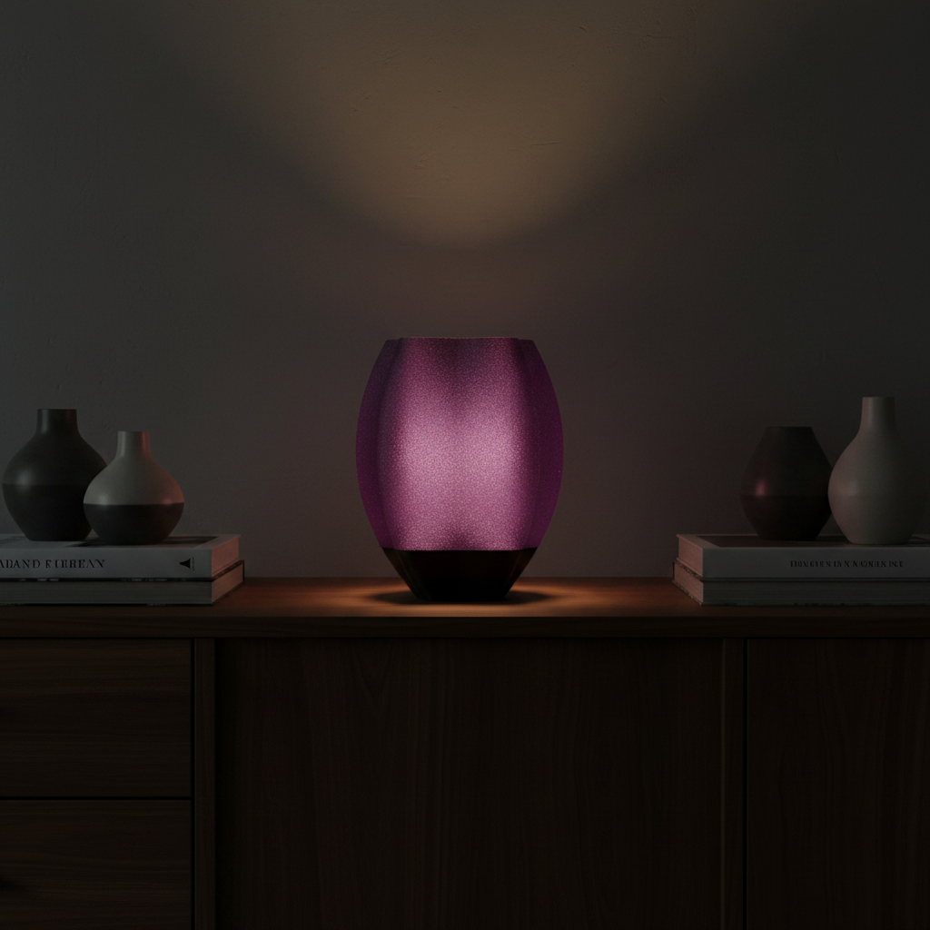 Purple shade black base on dark sideboard - lifestyle