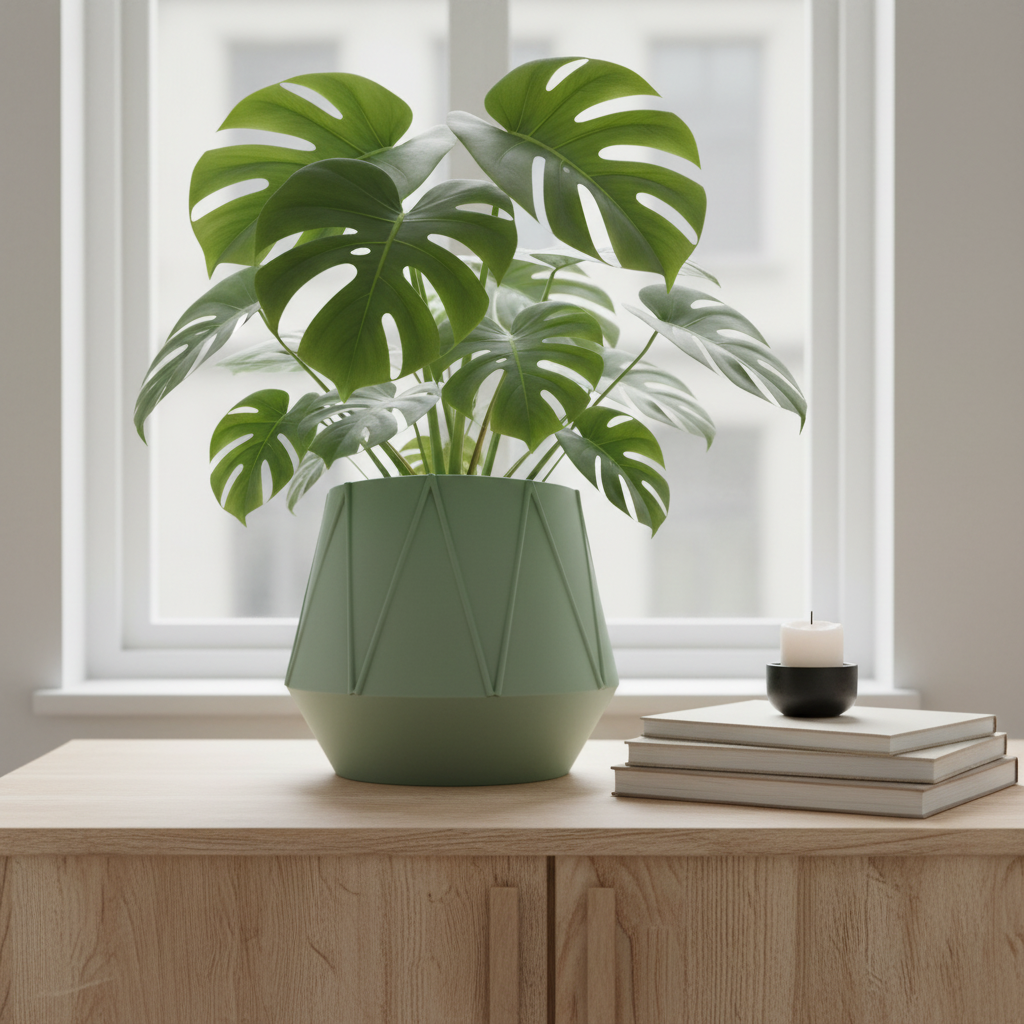 Sage green GeoBloom planter with a monstera plant on a wooden sideboard in a Scandinavian interior