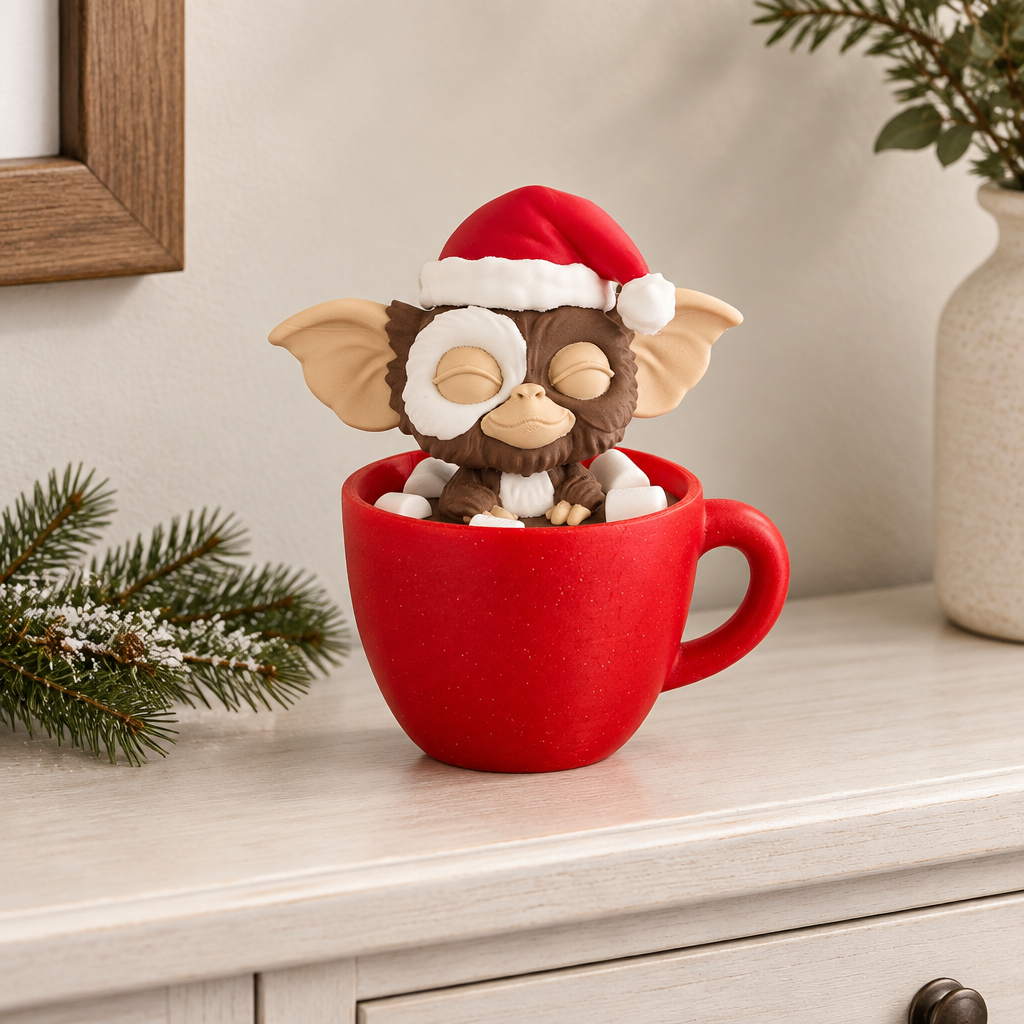 Gizmo ornament in a red mug on a pale entryway console with evergreen