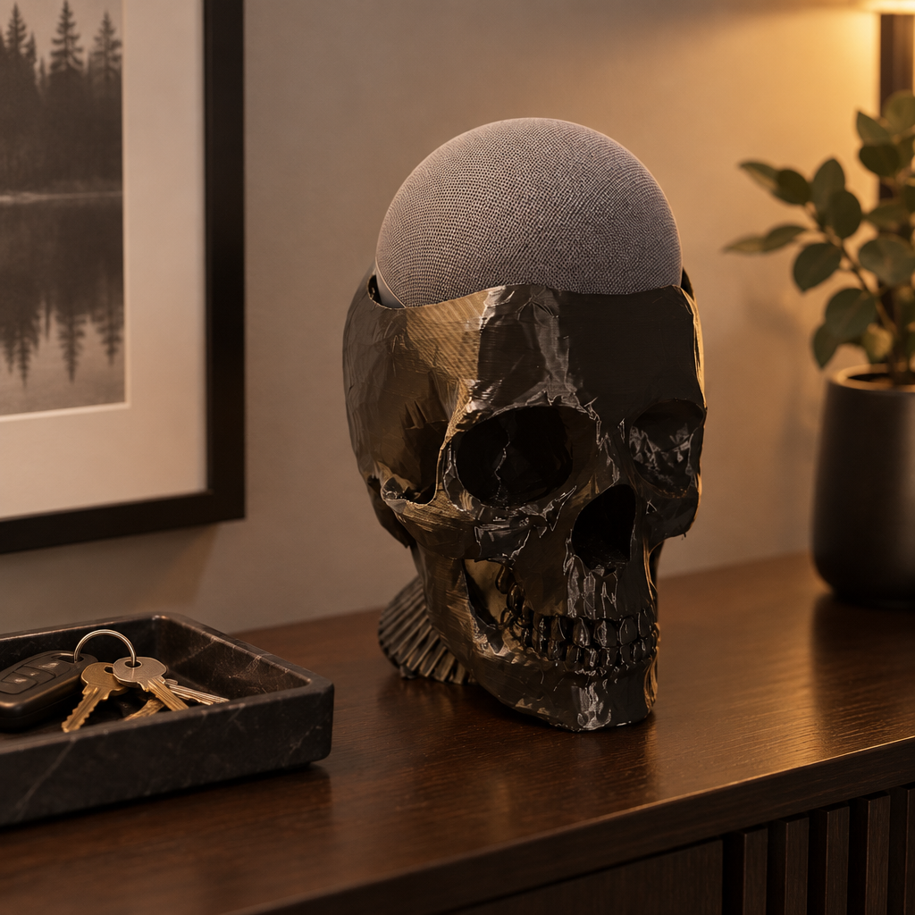 Large glossy black skull with a grey smart speaker as the dome on an entryway table with a key tray
