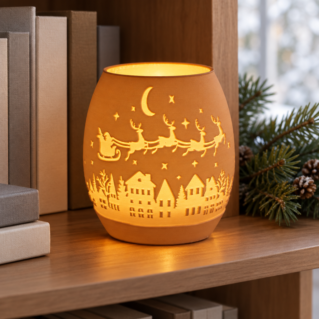 Amber Christmas village tealight holder on a home office bookshelf with winter greenery