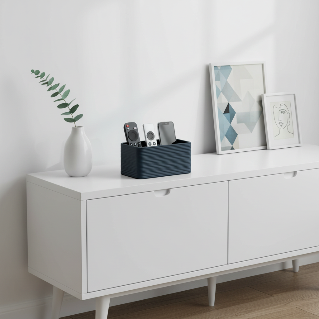 Ribbed remote holder with remotes on a white Scandinavian sideboard