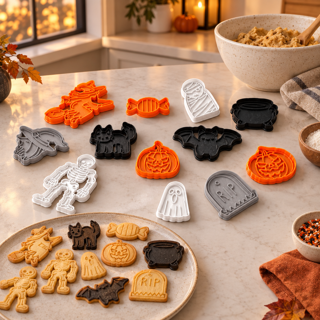 The Halloween cutter collection staged beside dough and seasonal cookies in a modern kitchen