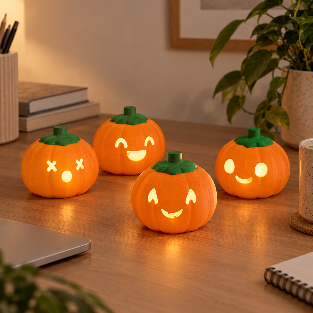 Four pumpkin lanterns on a desk