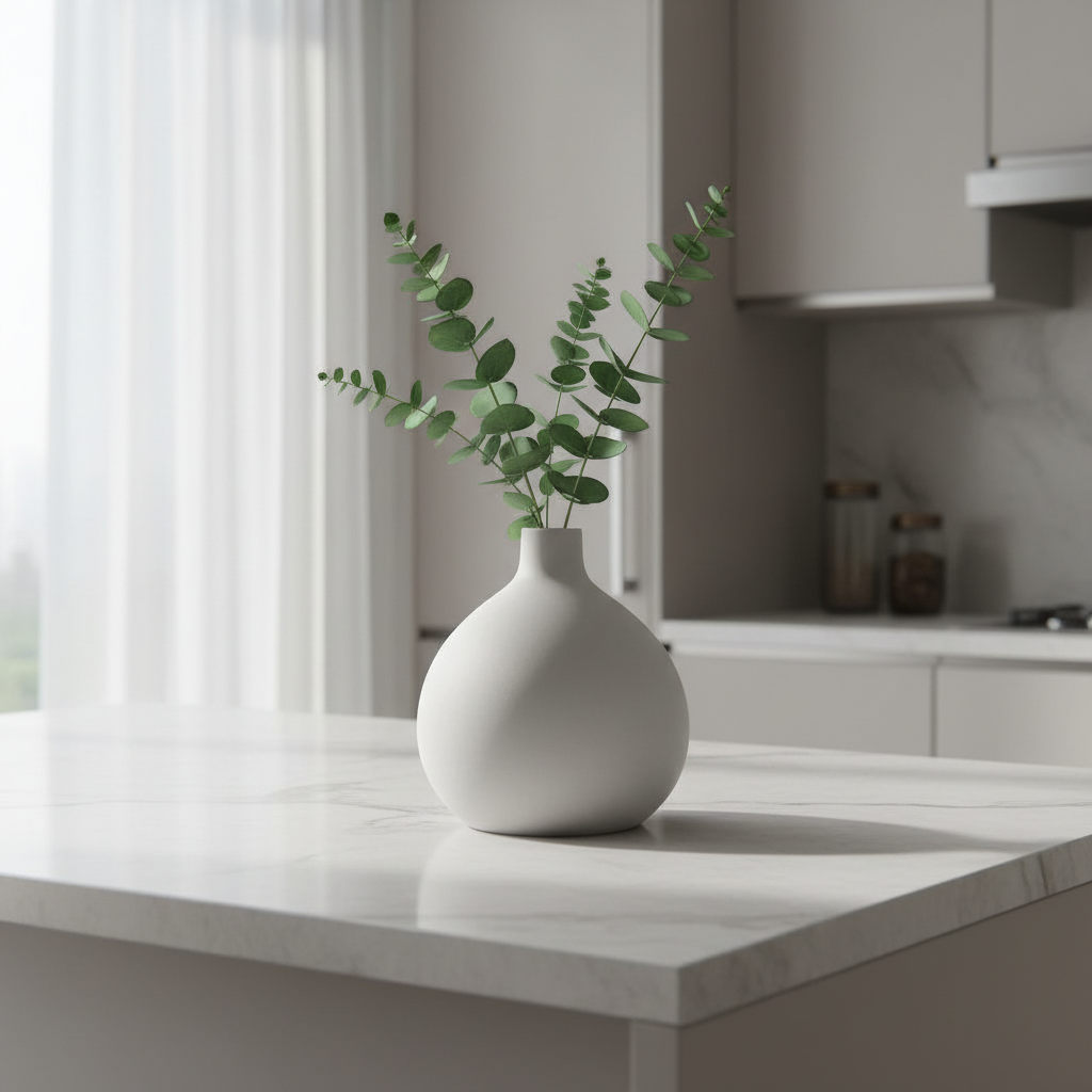Minimalist geometric vase on a light stone kitchen island with eucalyptus