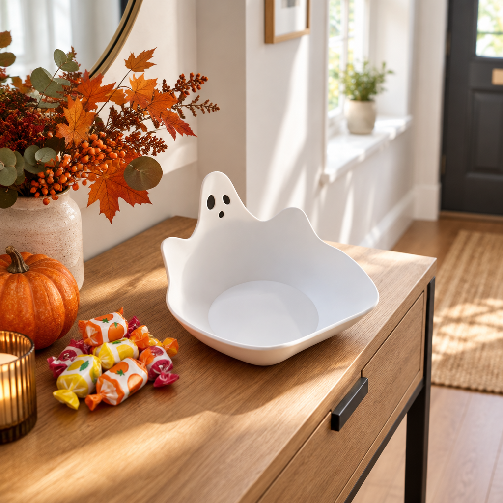 White ghost-shaped tray displayed on a bright modern hallway console with autumn decor