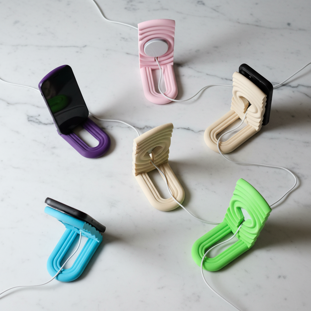 Multi-colour ripple MagSafe stands flat lay on white marble - lifestyle