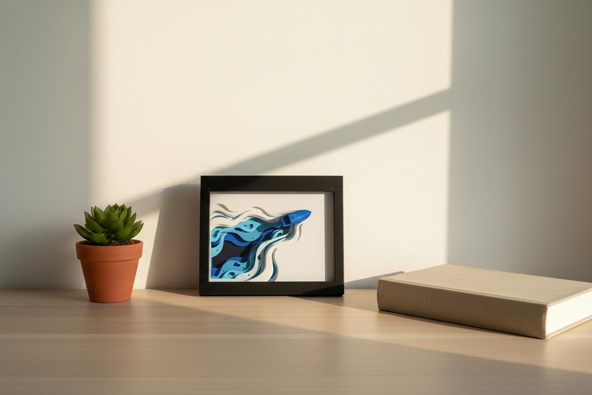 Ocean Voyage Shadow Box on a wooden desk with succulent plant and linen book