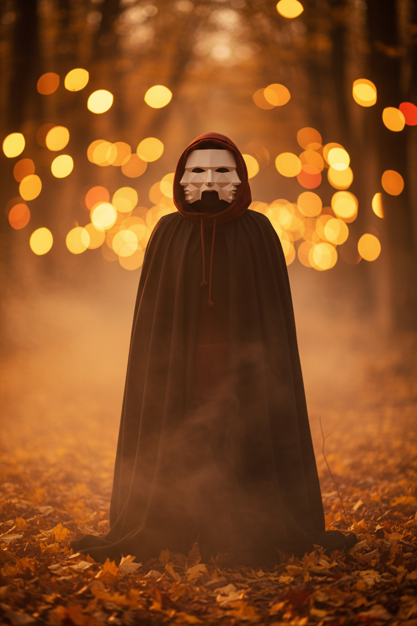 Person wearing Three Faces of Fear Mask in hooded cloak in misty autumn forest