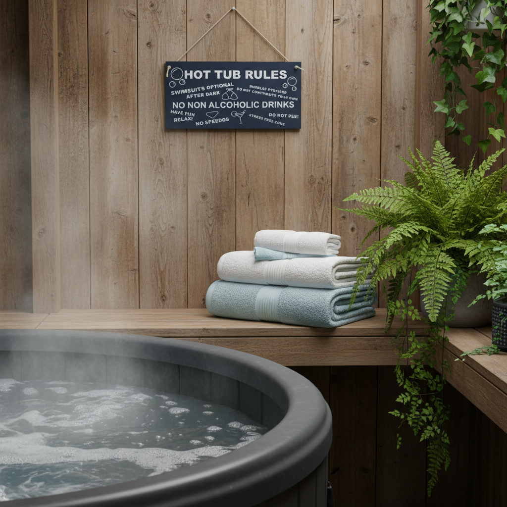 Hot Tub Rules Sign shown at realistic scale in a garden hot tub shelter