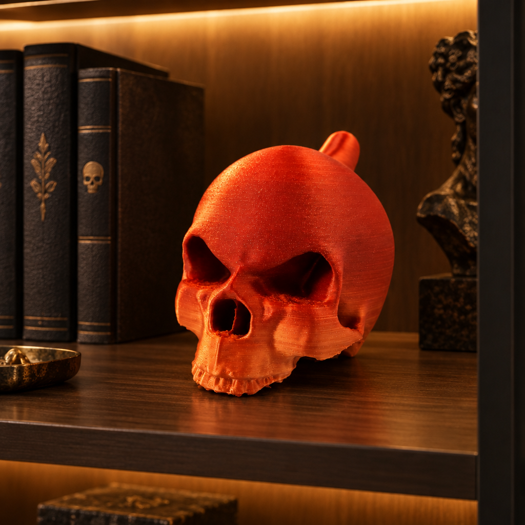 The orange skull ornament displayed on a shelf in a softly lit collector cabinet.