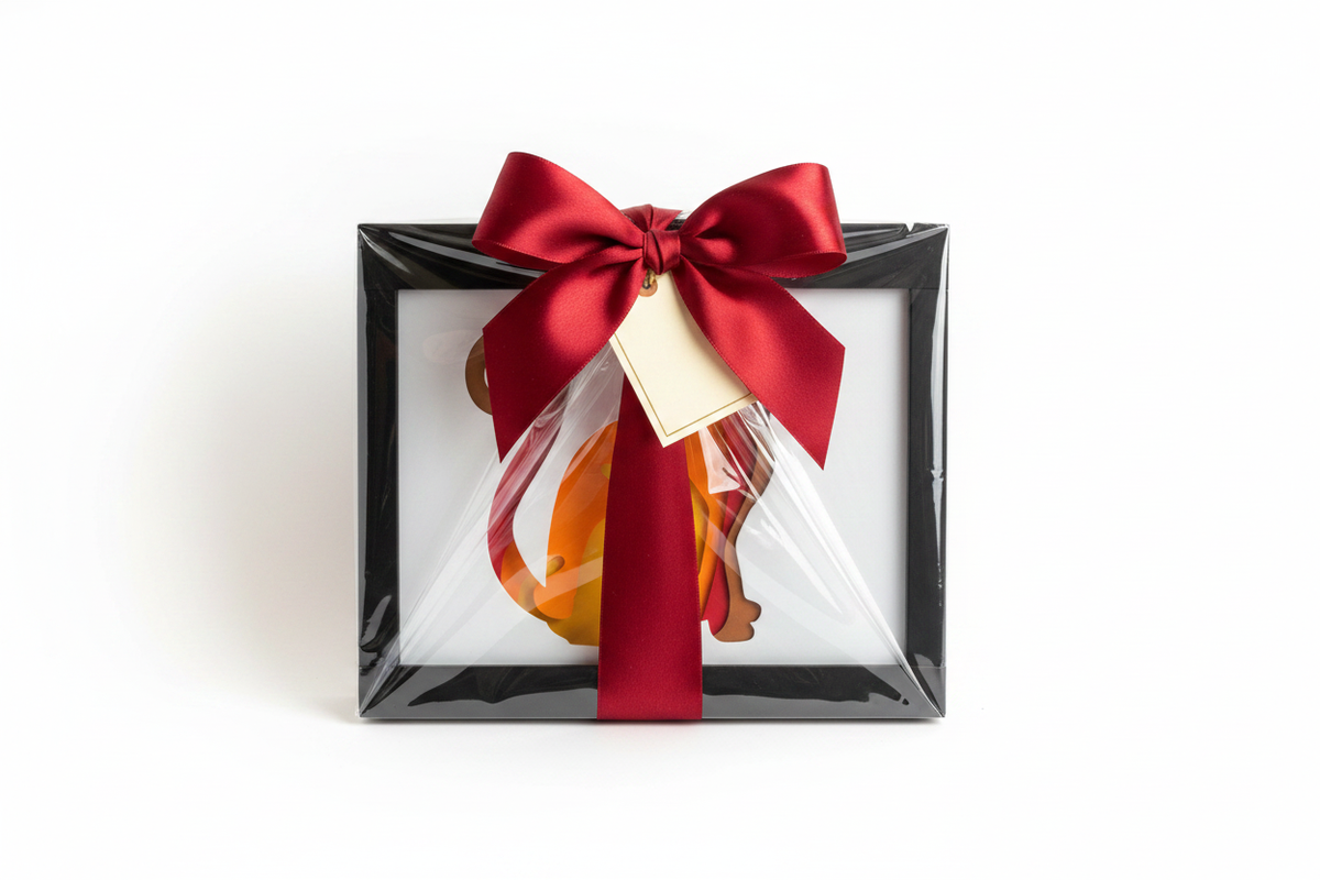 Cat shadow box wrapped as a gift with ribbon bow