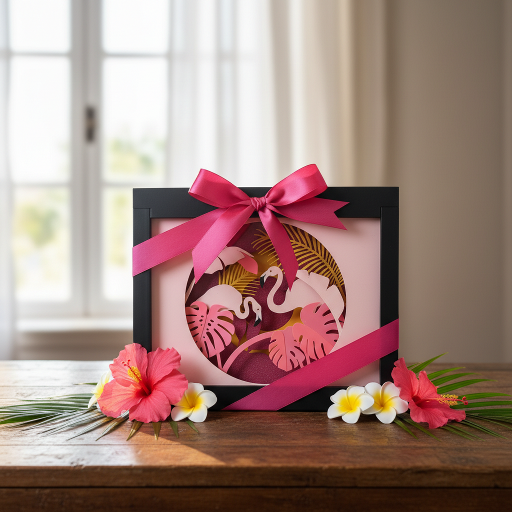 Flamingo Paradise Shadow Box presented as a gift with pink ribbon and bow on a table with tropical flowers