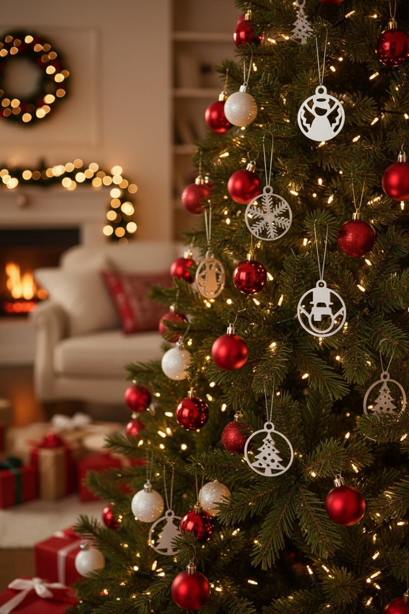 Eight white ornaments hanging on decorated Christmas tree with fairy lights lifestyle