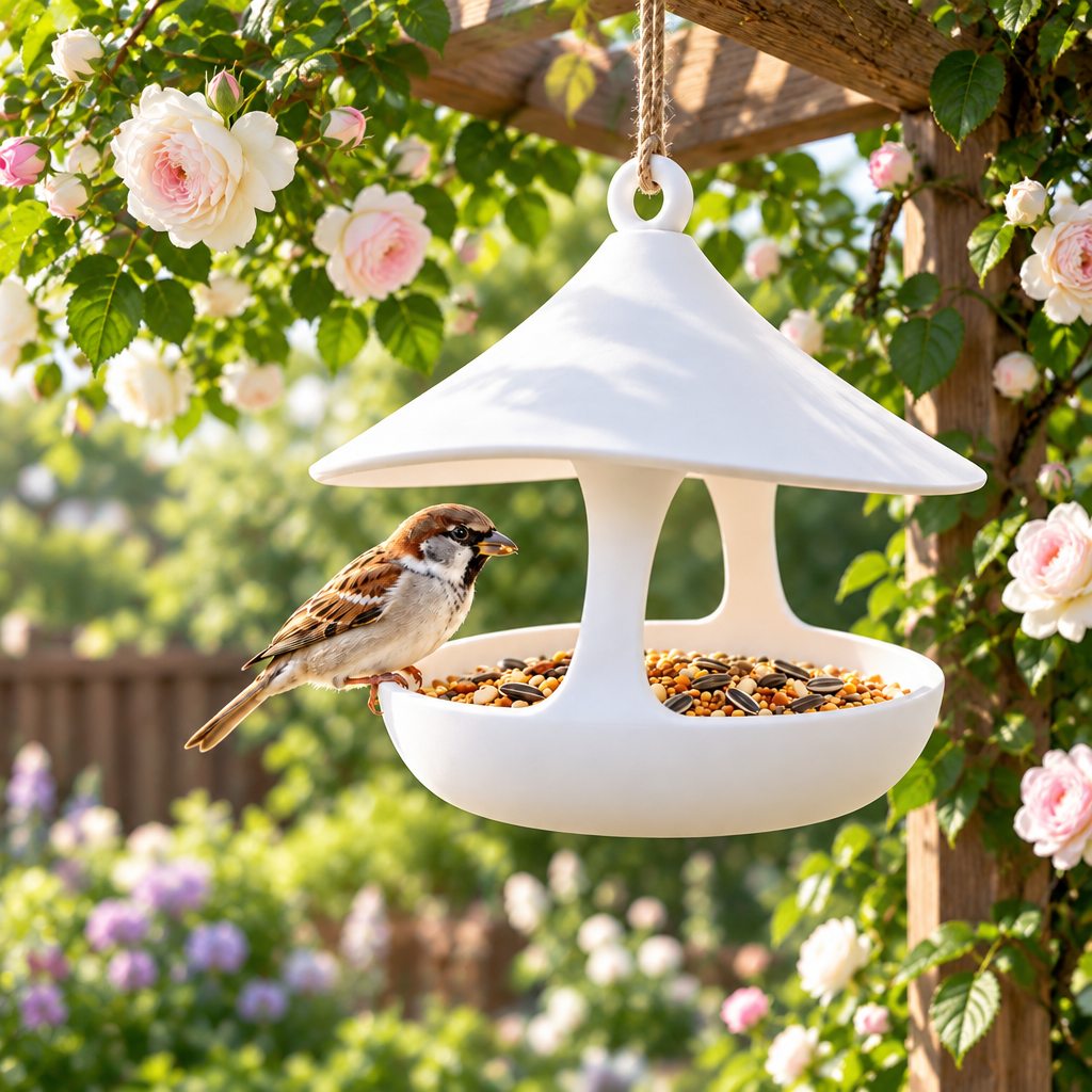 Modern bird feeder hanging near climbing roses
