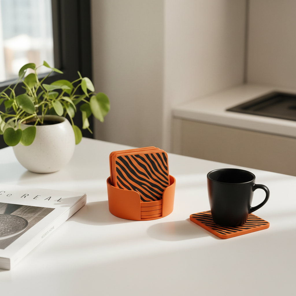 Zebra Texture Coaster Set - Orange colourway on white desk