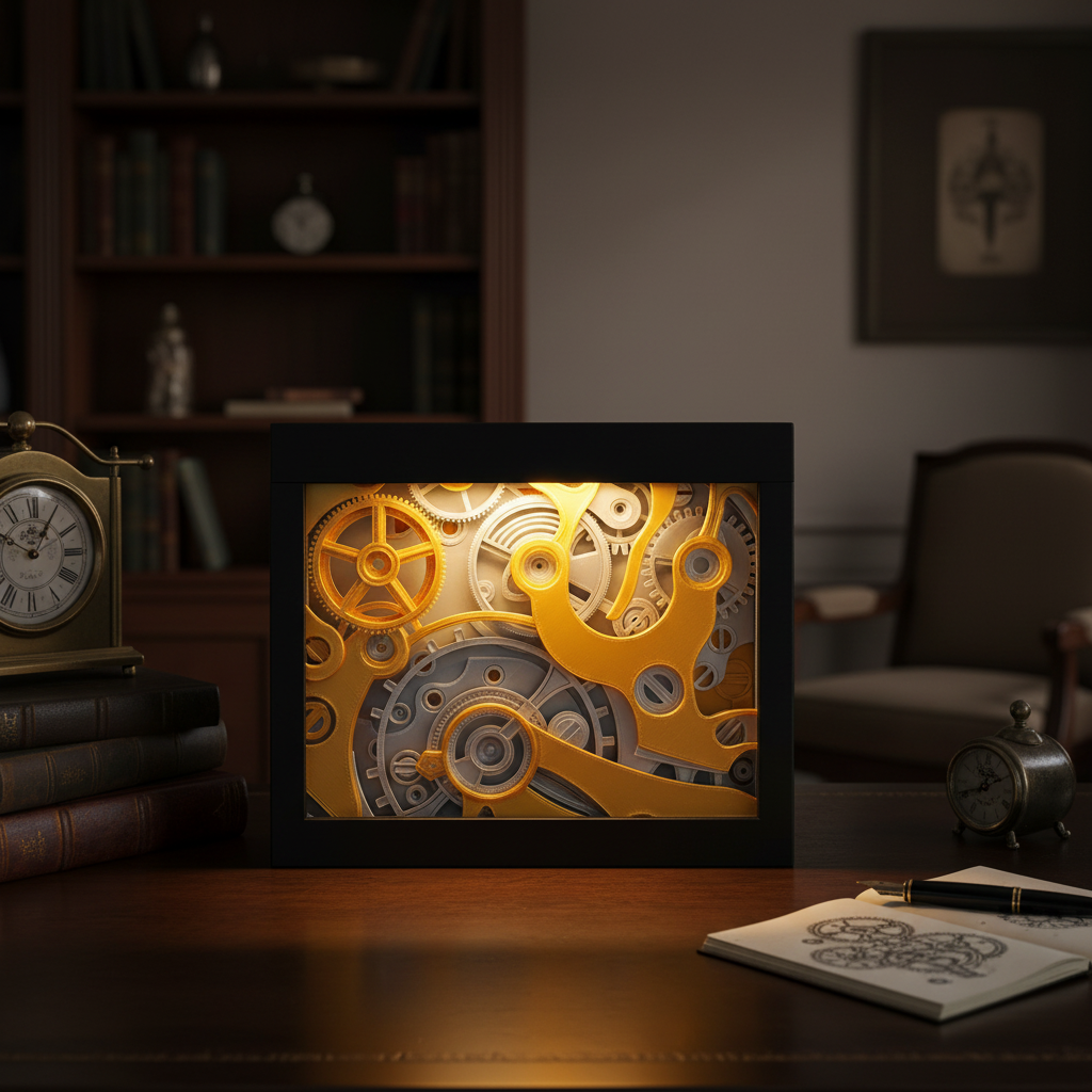 Clockwork Shadow Box displayed on a dark wooden desk in a sophisticated home office with books and a vintage clock