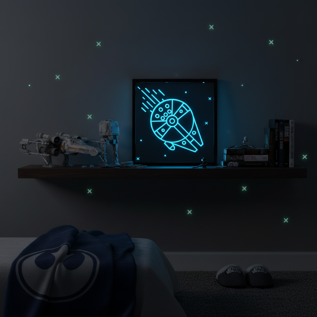 Millennium Falcon neon line art shadow box glowing blue in a dark bedroom beside Star Wars Lego sets