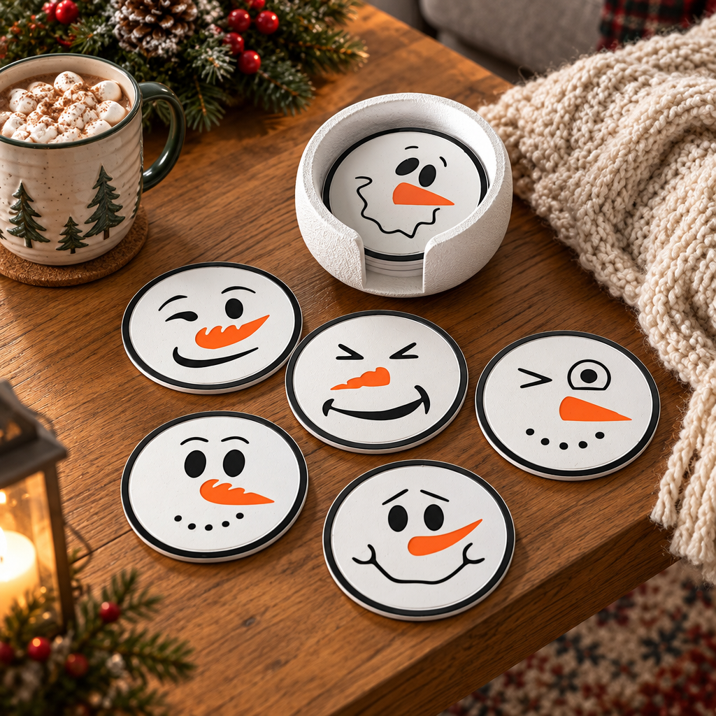 Snowman coasters on Christmas coffee table