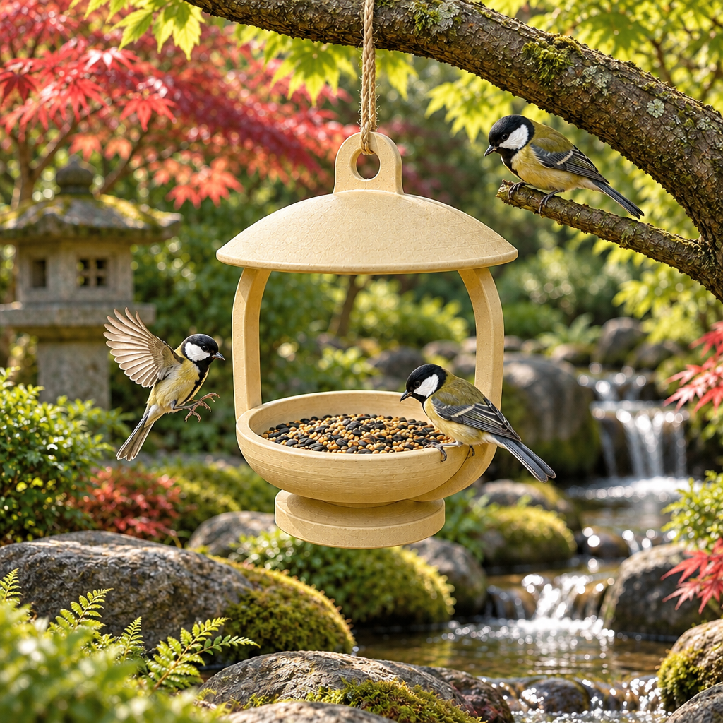 Pale canopy bird feeder beside a garden pond