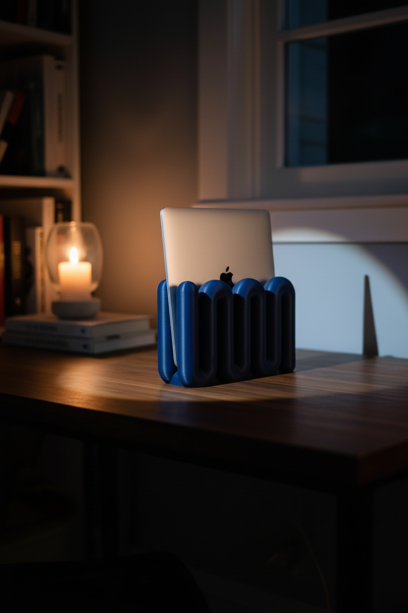 Navy wibble stand on walnut desk moody office - lifestyle