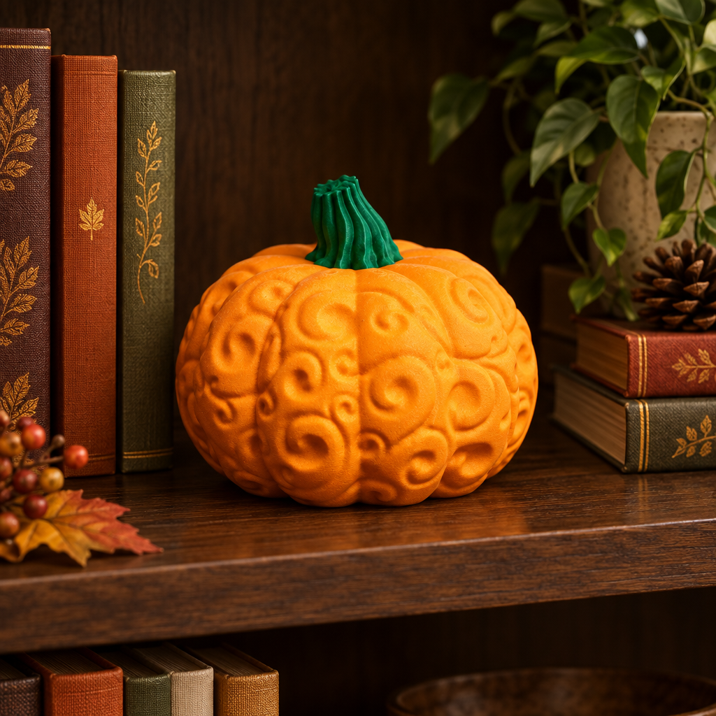 Orange swirl pumpkin on bookshelf
