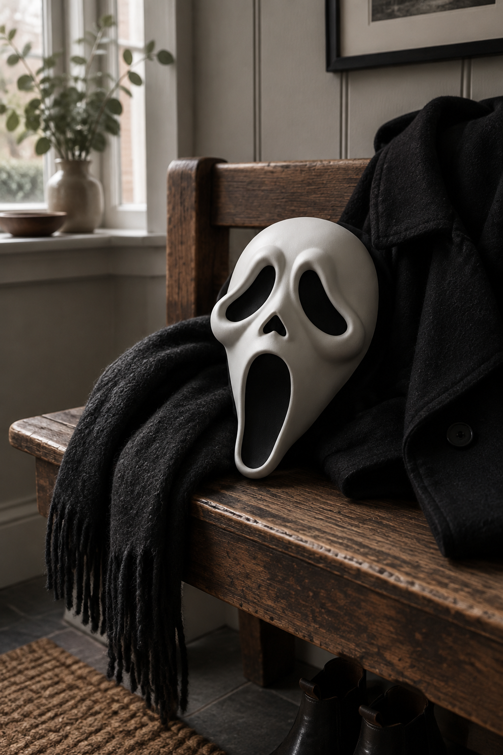White Ghostface Mask on a rustic entryway bench