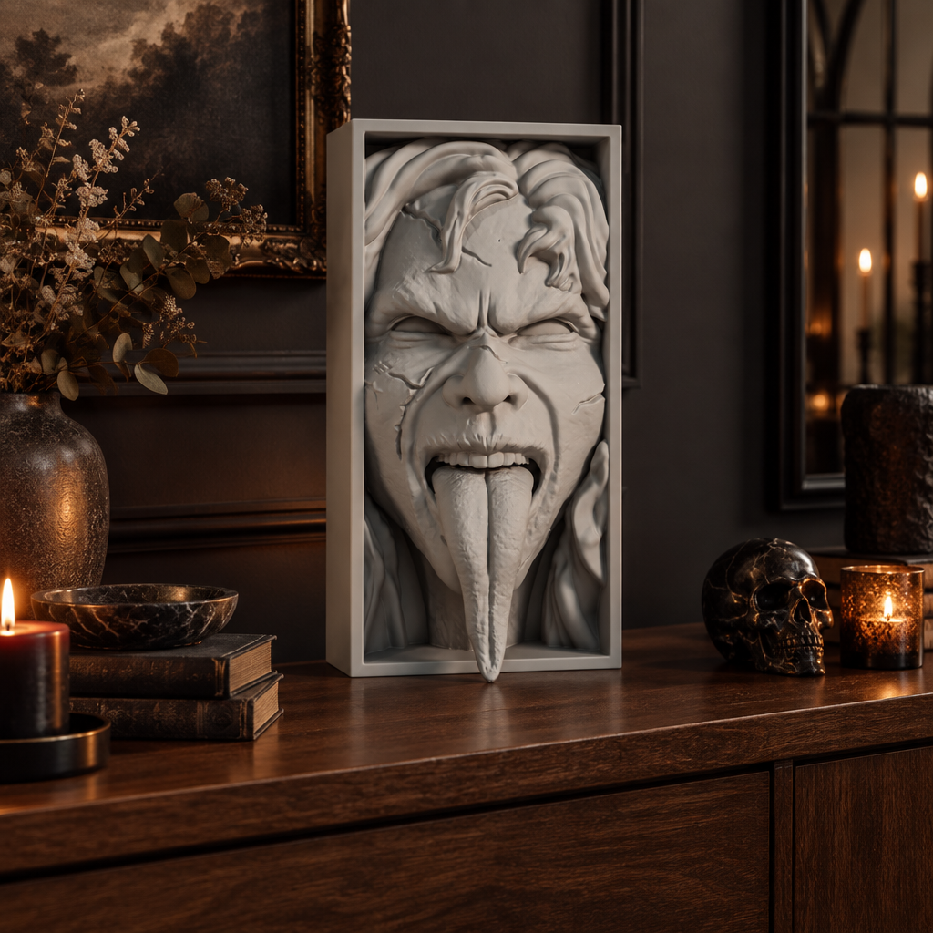 Paint-ready Exorcist shadow box displayed in a modern gothic living room