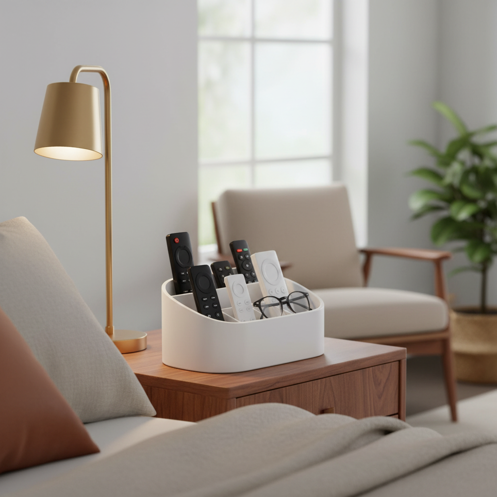 Curved Remote Control Organiser in white — lifestyle shot on walnut bedside table, contemporary bedroom
