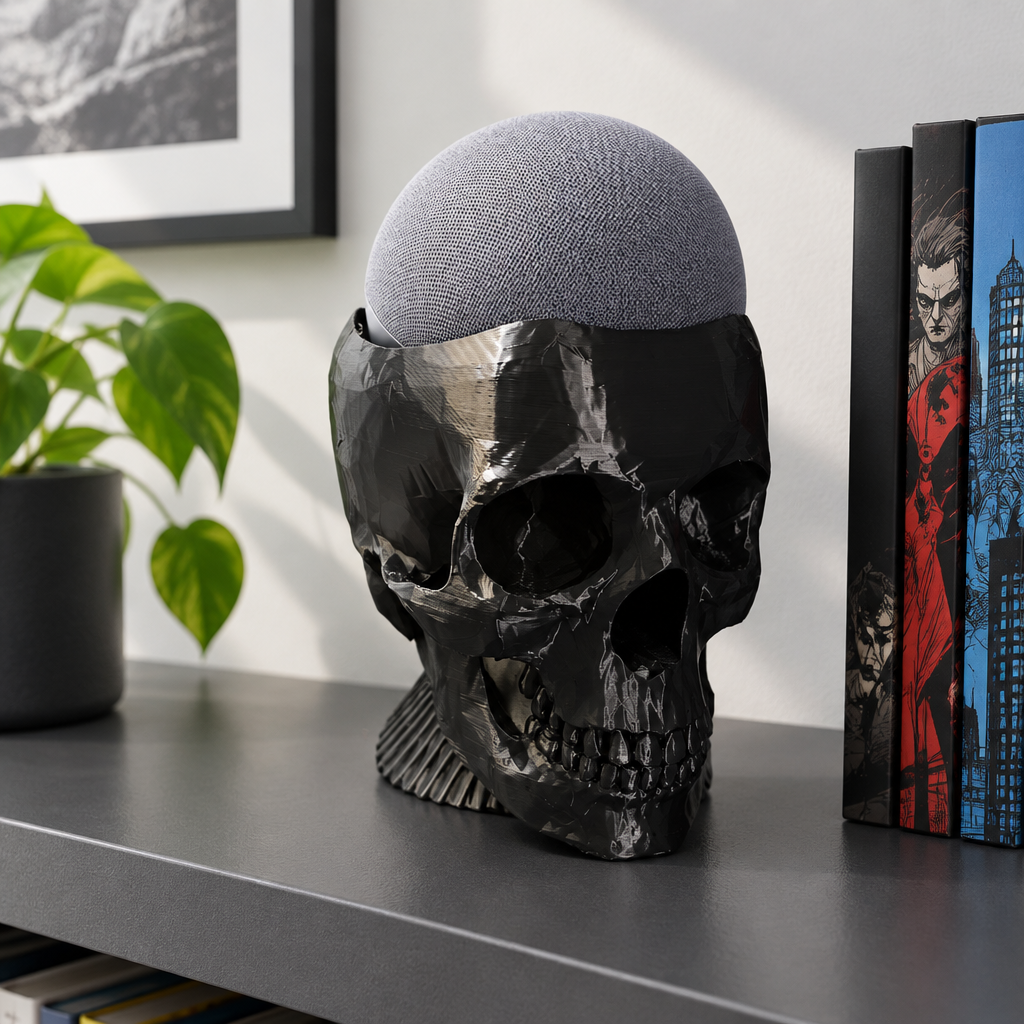 Large glossy black skull with a grey smart speaker as the dome on a shelf beside graphic novels