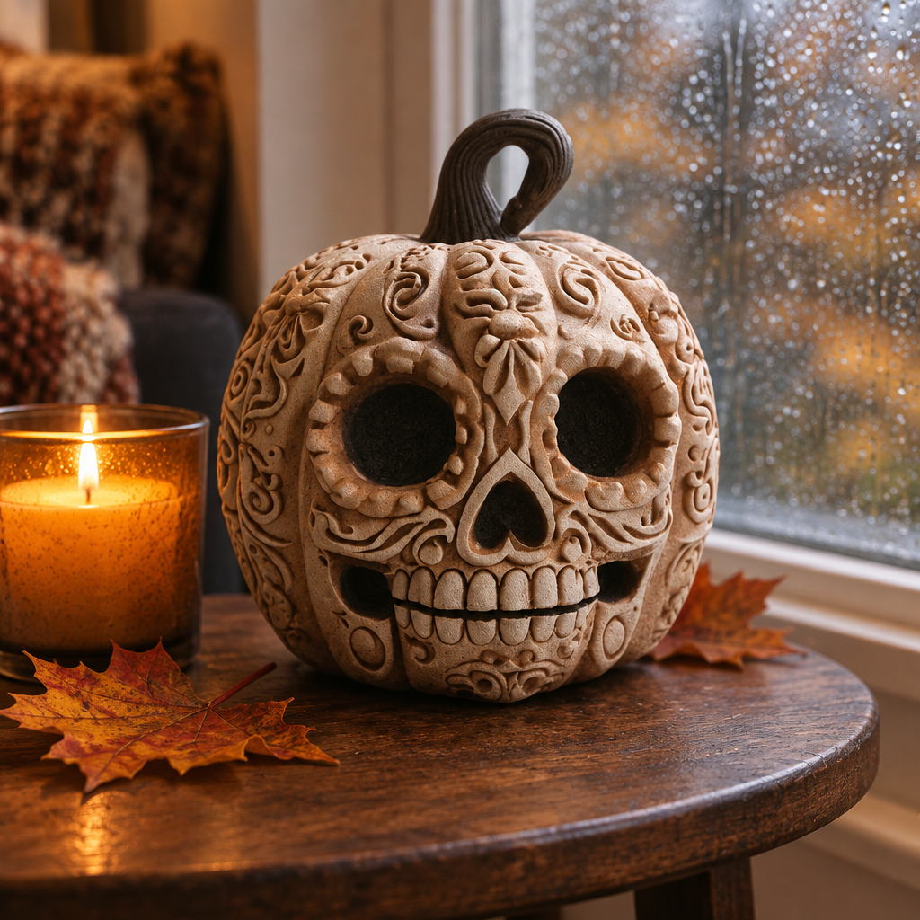 Pumpkin skull ornament on a side table beside a rainy window, candle and autumn leaves