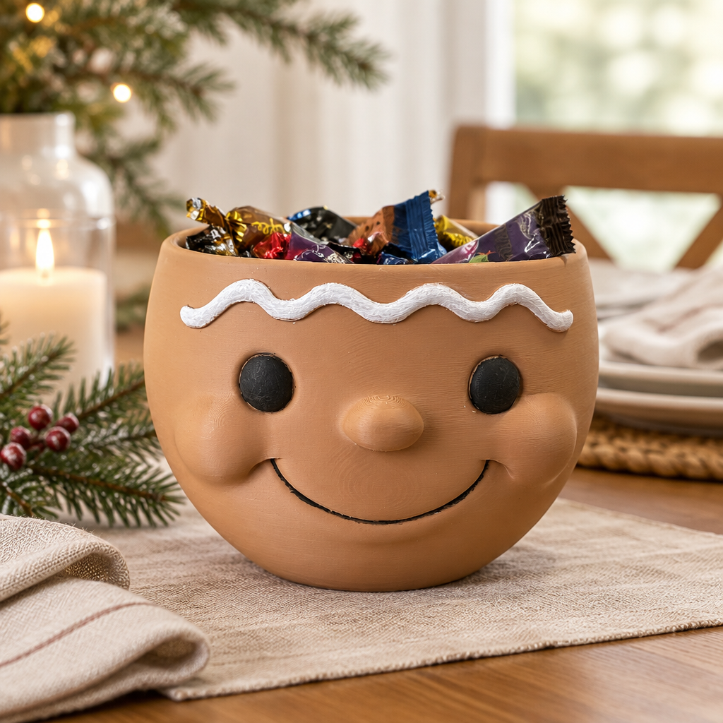 Brown snowman snack bowl with wrapped chocolates on a dining table