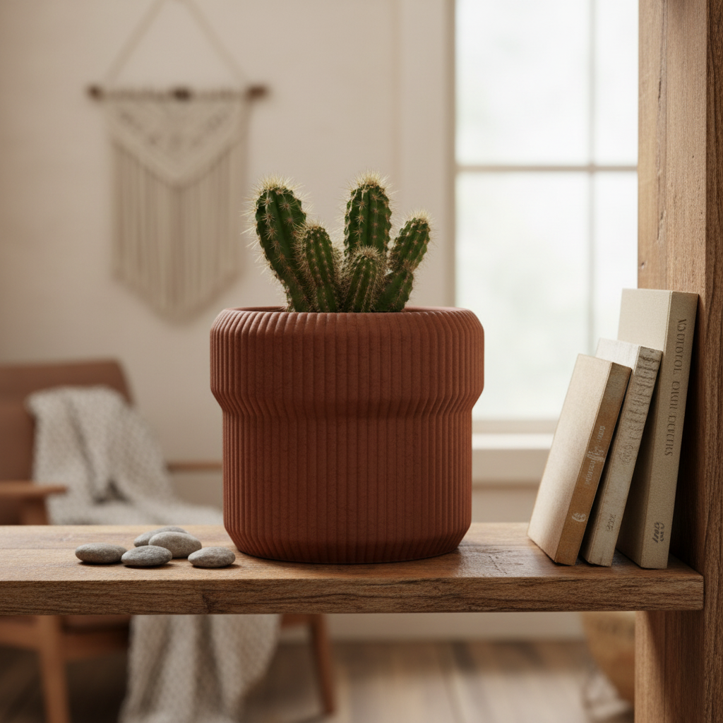 Terracotta brown Venlo ribbed planter with a small cactus on a rustic wooden boho shelf