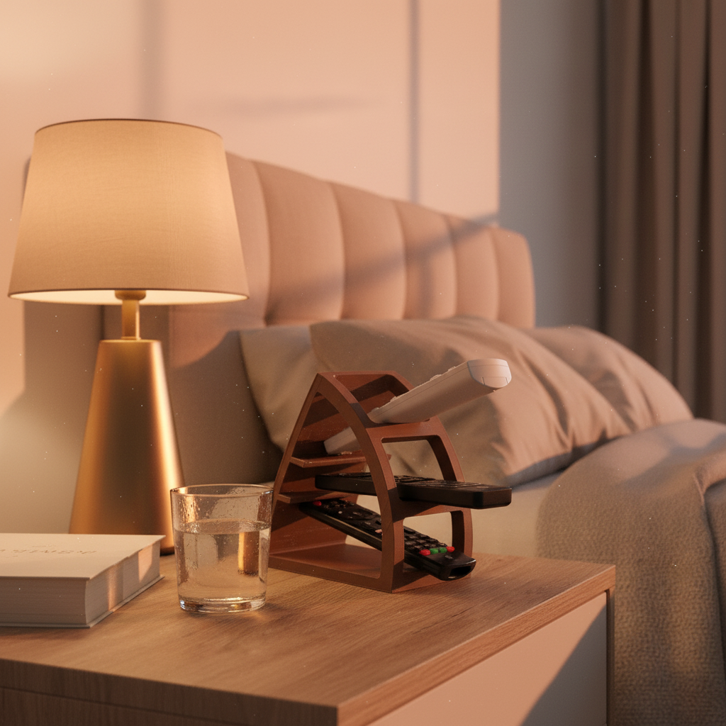 Remote Control Organiser on a bedside table beside a lamp and book in a cosy modern bedroom