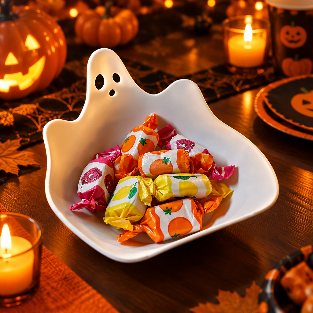 White ghost-shaped sweet tray filled with wrapped treats on a warm Halloween party table