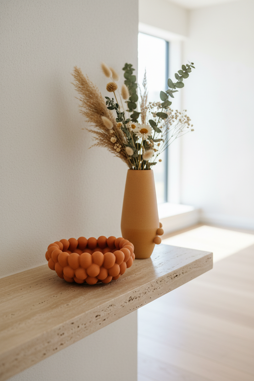 Orange sea anemone bowl on travertine shelf with vase and dried botanicals