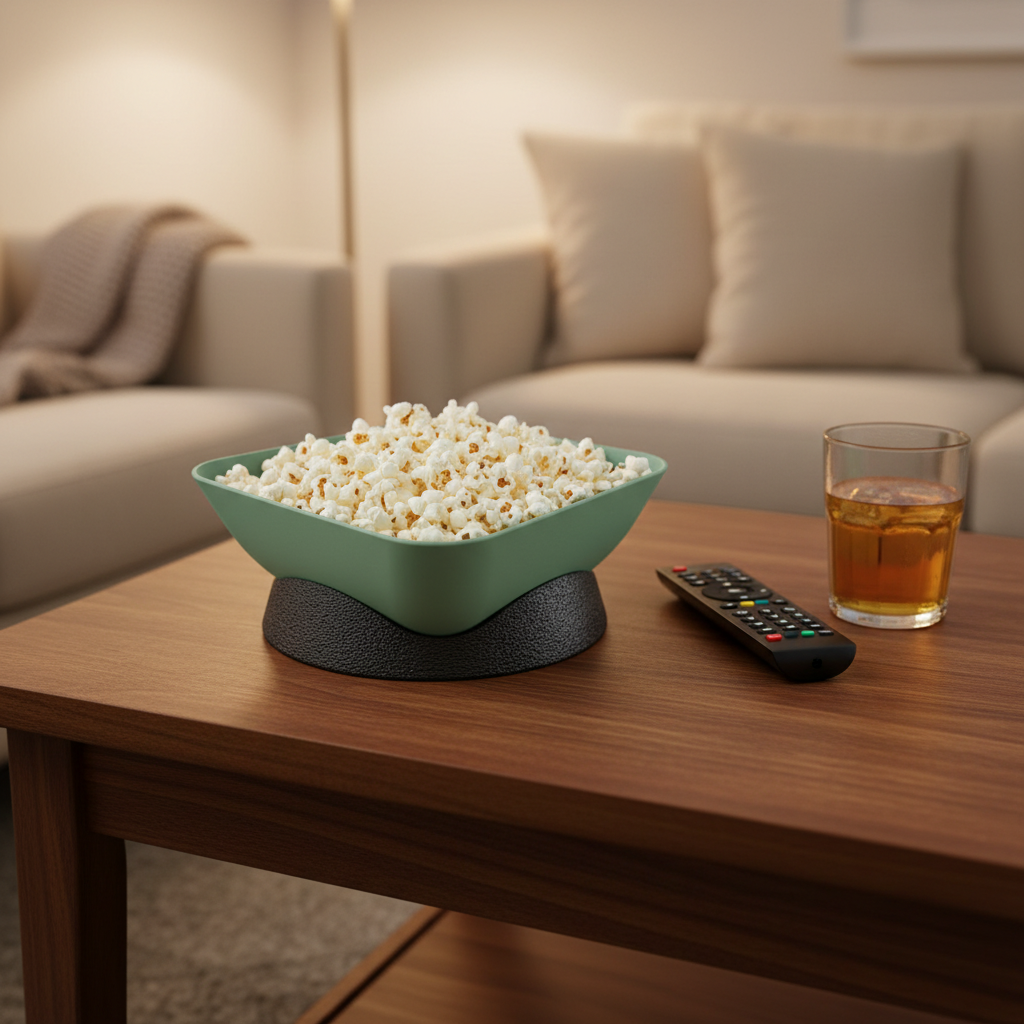 Sage green Modern Two-Piece Snack Bowl with popcorn on a wooden coffee table with TV remote
